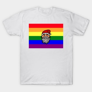 Drawing of Santa Claus face on gay pride flag background to celebrate Christmas T-Shirt